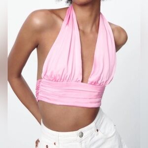 Zara Satin Effect Halter Crop Top Tie Back Pink Sz M New
